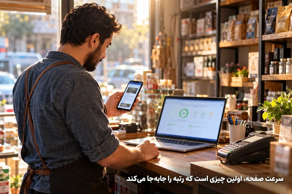 صاحب کسب‌وکار کوچک سرعت صفحه را روی موبایل و لپ‌تاپ بررسی می‌کند